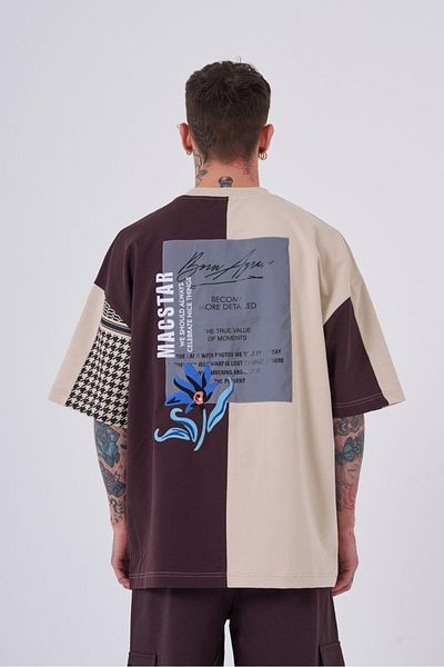 Machinist Ανδρικό κέντημα Levni με στάμπα Oversize καφέ γκρι μπλουζάκι