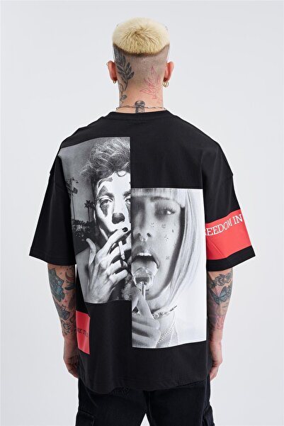 Machinist Tricou negru oversize cu imprimeu Freedom pentru bărbați