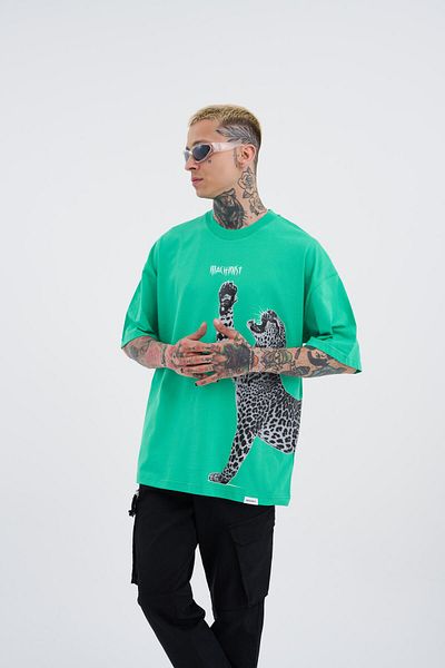 Machinist Ανδρικό μπλουζάκι με στάμπα Leopard Oversize ανοιχτό πράσινο