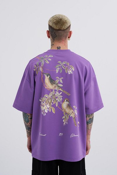 Machinist Μωβ Oversize Ανδρικό T-Shirt - Bird Printed