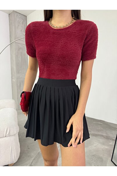 BİKELİFE Women's Crew Neck Soft Plush Crop Blouse