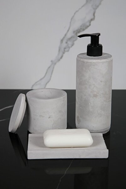 betonmall طقم حمام خرساني مكون من 8 قطع - موزع الصابون السائل، حامل فرشاة الأسنان، حامل الشموع، صينية البخور، حامل العرض، صندوق قطني