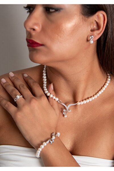 Sinemkacay 925 AYAR GÜMÜŞ RODYUM (BEYAZ ALTIN) KAPLAMA GERÇEK İNCİ SET