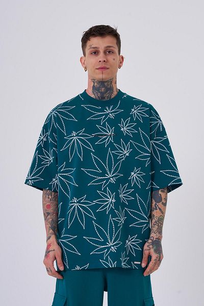 Machinist Men's Cannabis Leaf Printed Oversize Petrol Green T-Shirt