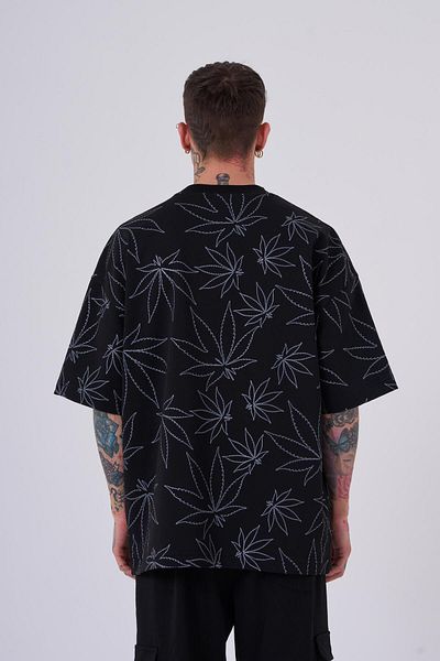 Machinist Men's Cannabis Leaf Printed Oversize Black T-Shirt