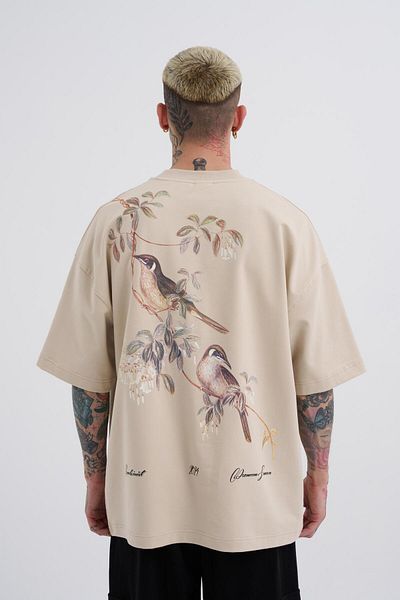 Machinist Tricou oversize pentru bărbați, bej, cu imprimeu cu păsări