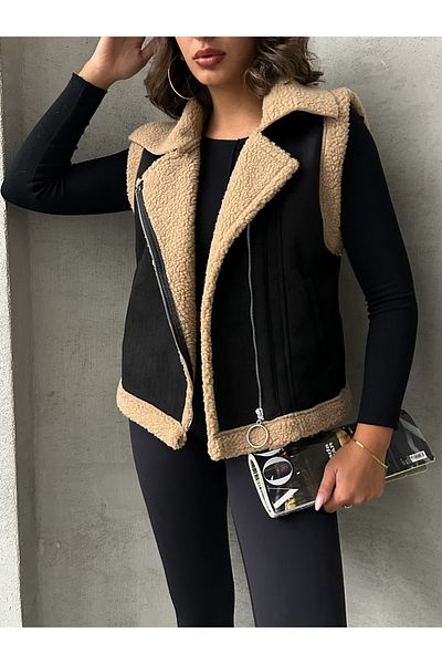 Miss Allos Women's Fur Lined Zippered Suede Leather Vest