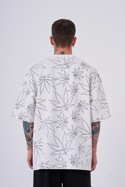 Machinist Men's Cannabis Leaf Printed Oversize Ecru T-Shirt