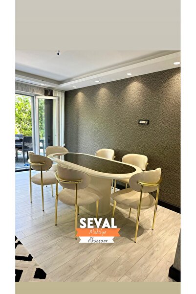 SEVAL AKSESUAR Krem Polo Dolaplı Gold Masa Takımı