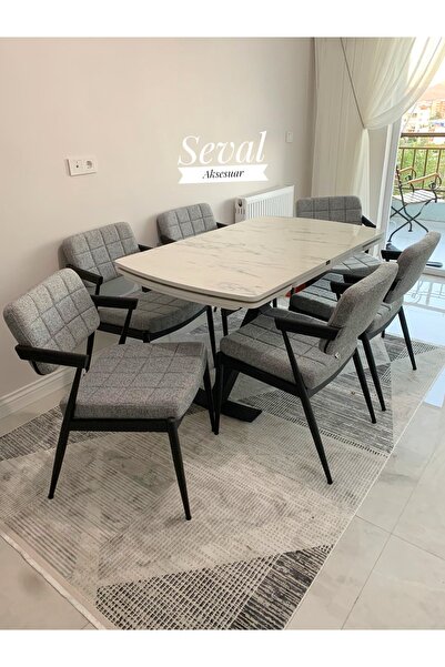 SEVAL AKSESUAR Marmo Gold Açılır Masa + Klas Sandalye Takımı