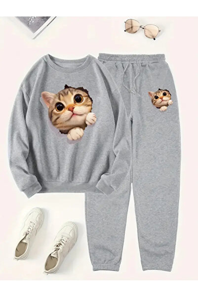 Frisson Γυναικείο Σετ Αθλητικών Ρούχων με Απλικέ Πλεκτό Σχέδιο Χαριτωμένης Γά...