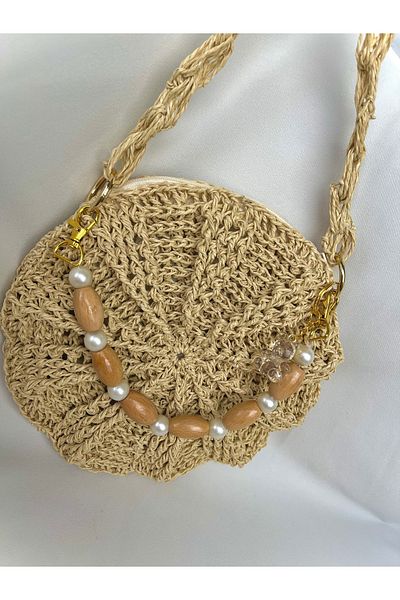 DNA MODA Straw Bag - Wooden Hanger Detailed, Macaron Bag (with Bearer Keychain Gift)