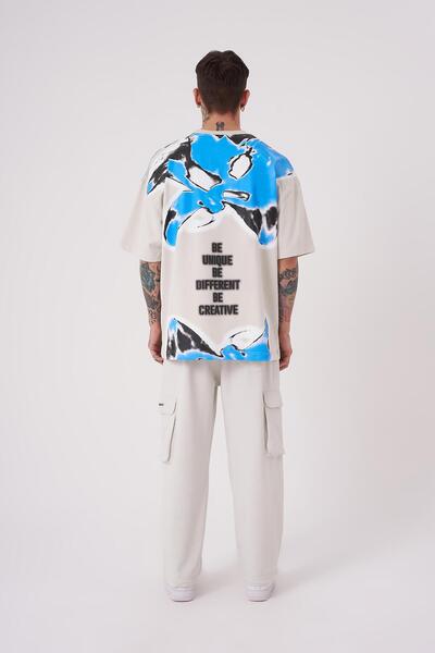 Machinist Men's Lotus Flower Printed Oversize Gray T-Shirt