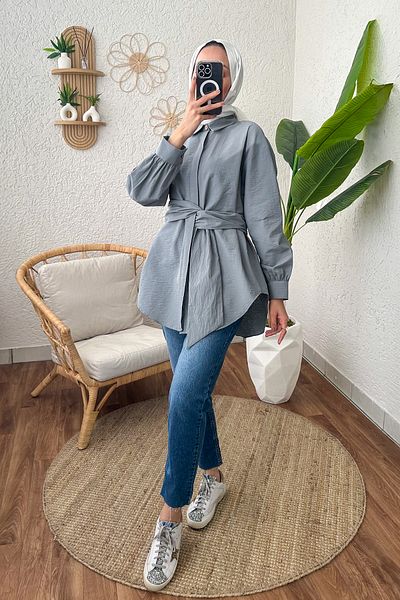 Salih Çelebi 2190 Model - Gray Fixed Belted Tunic