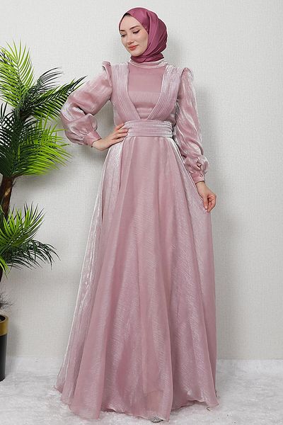 GİZ AGİYİM V Pleated Hijab Evening Dress Powder