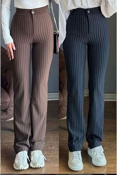 LADY HAZAL Brown Heightening Waist Striped Pants Palozzo Pants Crepe Fabric