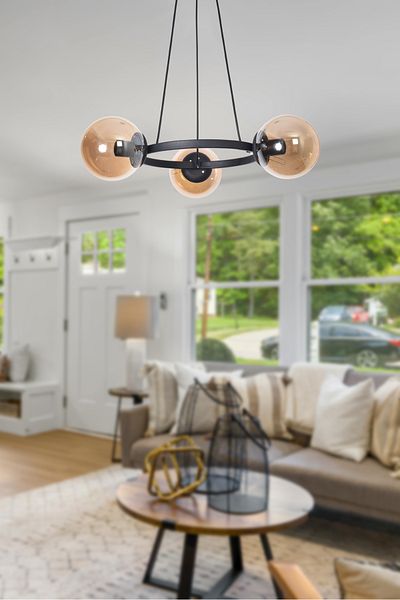Modavize Owen Modern Design Kitchen Bedroom Hall Living Room Black Color Honey Glass 3-Piece Chandelier