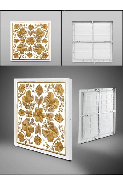 Gökyüzü Panel 60X60 Modern Square Copper Leaves Chandelier - Led Panel, 6400K White Oracle, Home Chandelier