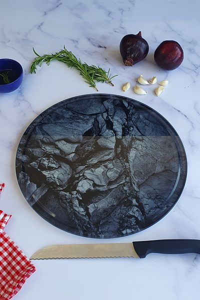 Decorita Channeled Glass Cutting Board - Glass Cutting Table| Natural Stone Patterned| Diameter32cm| Patented Product