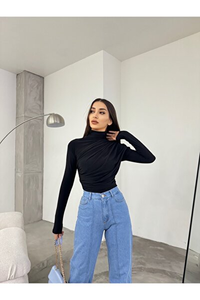 BİKELİFE Women's Black Drawstring Detailed Stand Collar Sandy Blouse