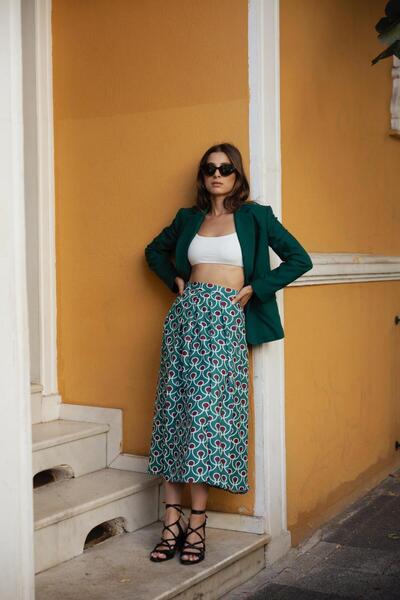 FARREN Kadın Yeşil Desenli Yırtmaçlı Etek FRN4053