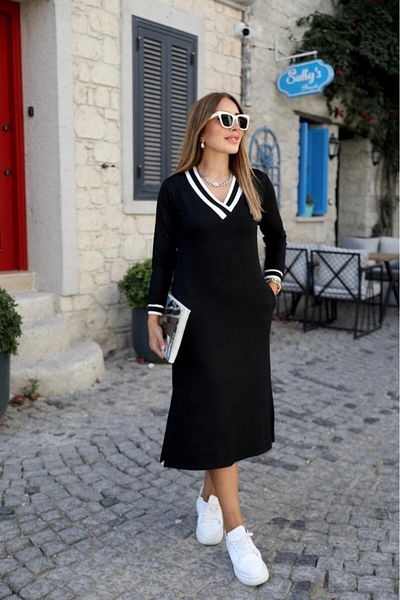 Viyamo Rochie midi pentru femei, cu mâneci lungi, cu decolteu în V, cu două fire, cu fantă laterală