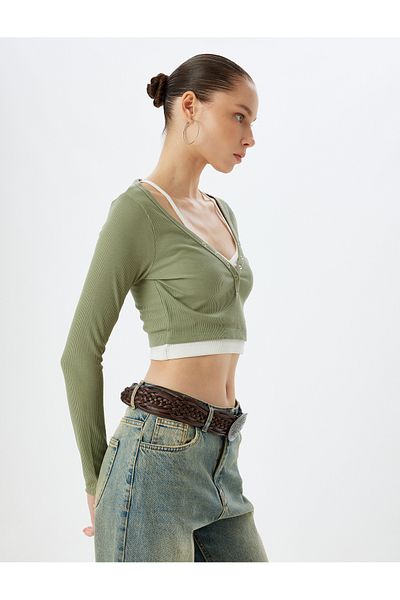 Koton Tricou cu mânecă lungă cu decolteu în V cu nasturi