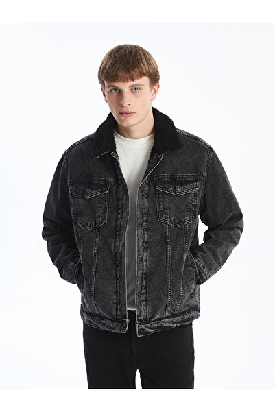 LC Waikiki Lcw Jeans Black Comfortable Fit Fur Collar Men's Jean Coat