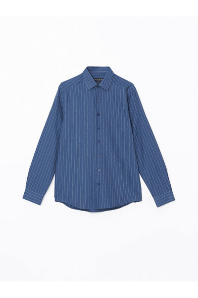 LC Waikiki Navy Blue Slim Fit Long Sleeve Striped Gabardine Men's Shirt