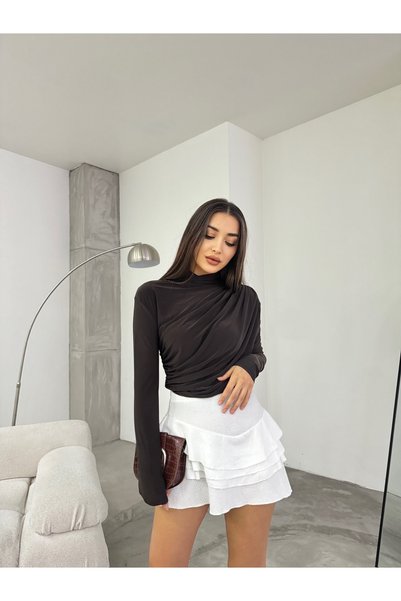 BİKELİFE Kadın Kahve Büzgü Detaylı Dik Yaka Sandy Bluz