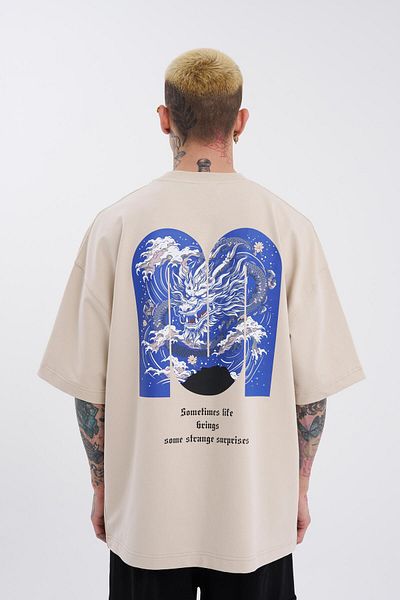 Machinist Men's Oversize Light Beige T-Shirt - Dragon Machinist Printed