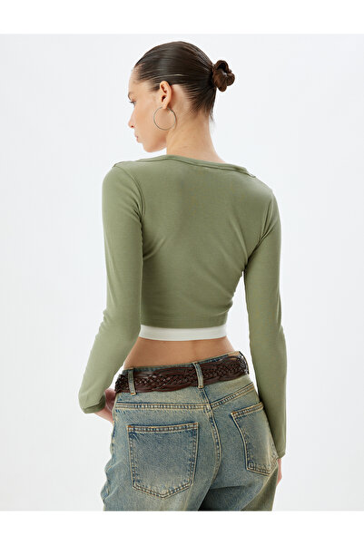 Koton Μπλουζάκι με μακρυμάνικο κουμπιά V λαιμόκοψη