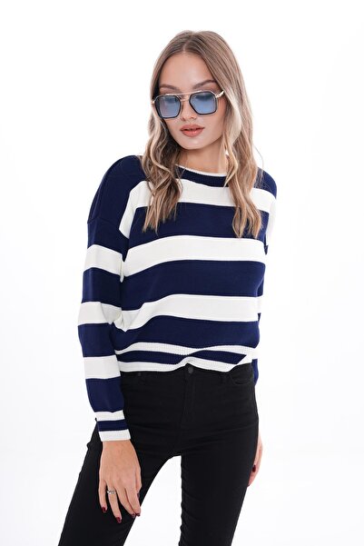 ŞİMAL Women's Thick Line Patterned Round Neck Knitwear Knitted Sweater 245334 -