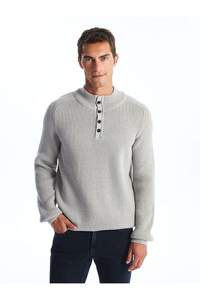 LC Waikiki Men's Knitwear Sweater - Buttoned, Stand Collar, Long Sleeve