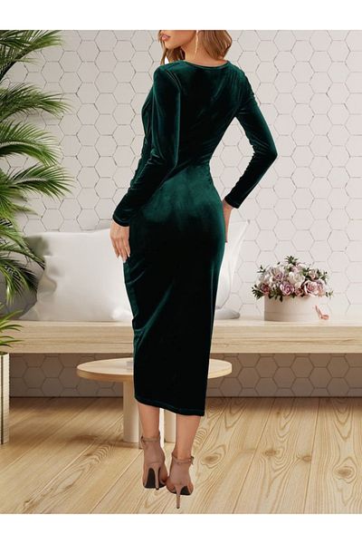 COTTONLAB Women's Long Sleeve Double Breasted Neckline Waist Drawstring Detail Midi Velvet Dress