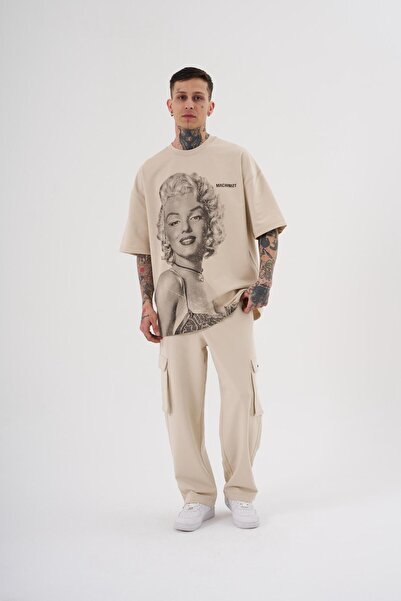 Machinist Men's Marilyn Monrou Printed Oversize Soft Beige T-Shirt