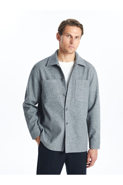 LC Waikiki Γκρι ανδρικό πουκάμισο με μακρυμάνικο κασετίνα σε κανονική εφαρμογή