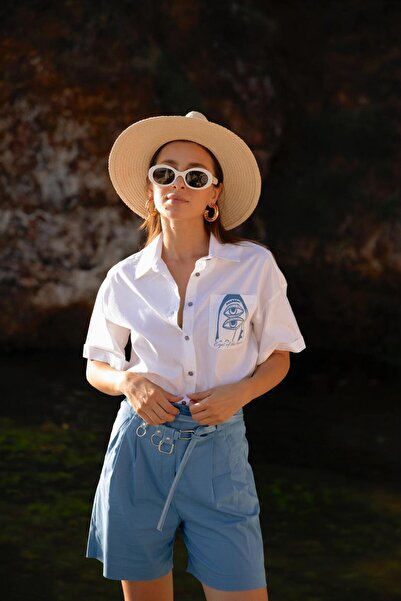 FARREN Kadın Mavi Büzgülü Şort – Esnek Bel, Yazlık Konforlu Kalıp | Frn Line