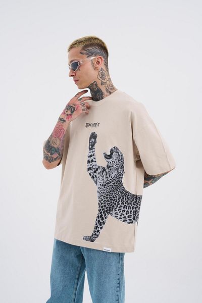 Machinist Ανδρικό μπλουζάκι με στάμπα Leopard Oversize ανοιχτό μπεζ