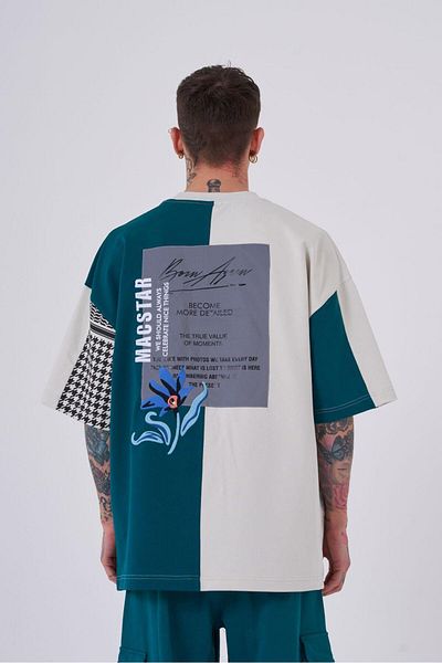 Machinist Ανδρικό κέντημα Levni Printed Oversize Petrol Green Grey T-shirt