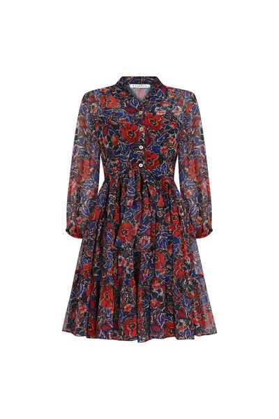 FARREN فستان نسائي ذو أكمام مطاطية حمراء وطبعة زهور |   خط فرن