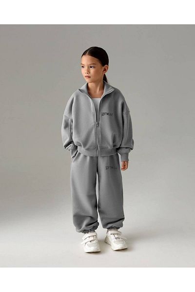Sipsirin Oversize Gray Kids Set 100% Cotton 3 Thread - Zippered Sweatshirt, Pants