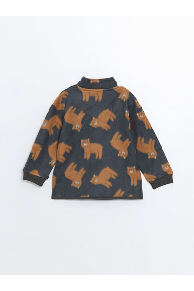 LC Waikiki LCW baby Koyu Gri Baskılı Dik Yaka Uzun Kollu Polar Erkek Bebek Fermuarlı Sweatshirt