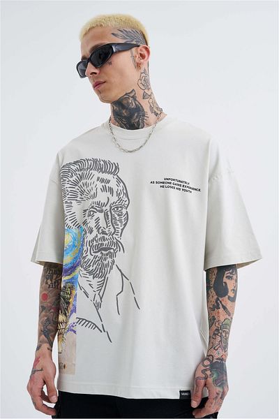 Machinist Ανδρικό μπλουζάκι με στάμπα Van Gogh σε γκρι oversize