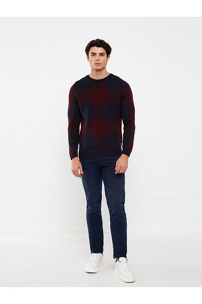 LC Waikiki Crew Neck Long Sleeve Plaid Men's Knitwear Sweater