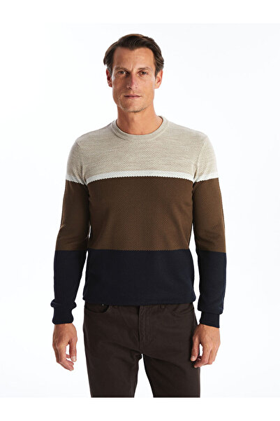 LC Waikiki Navy Blue Crew Neck Long Sleeve Color-Blocking Men's Knitwear Sweater