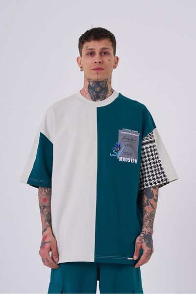 Machinist Ανδρικό κέντημα Levni Printed Oversize Petrol Green Grey T-shirt