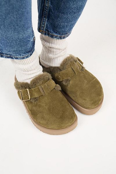 Manijero (Zeta 2 Furry Platform) Papuci de damă din piele naturală cu cataramă Sabo Khaki