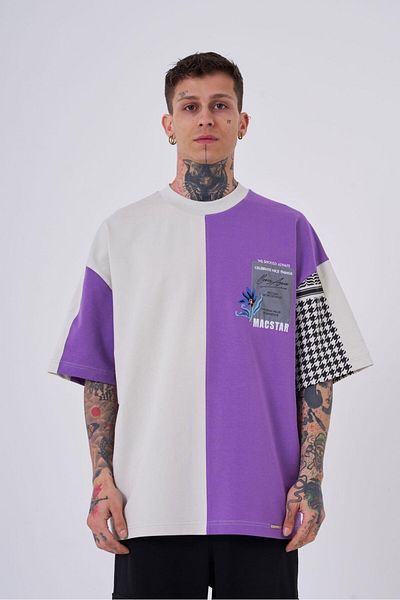 Machinist Ανδρικό κέντημα Levni εμπριμέ Oversize μωβ γκρι μπλουζάκι