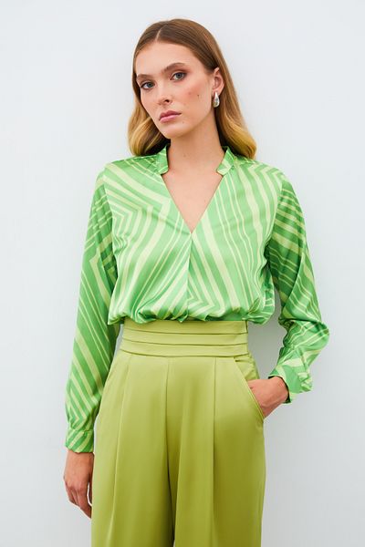 Sateen Double-Breasted Patterned Blouse - Green